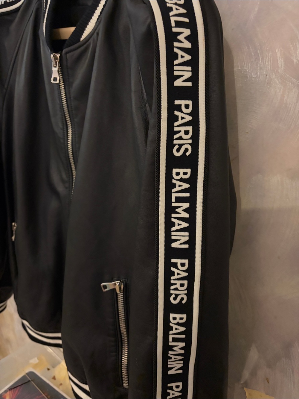 Balmain Black Leather Bomber Jacket with White Logo Tape